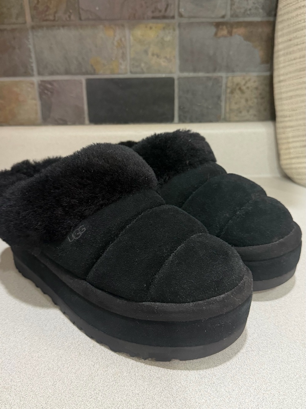 UGG Women's Black Plush Slide Slippers